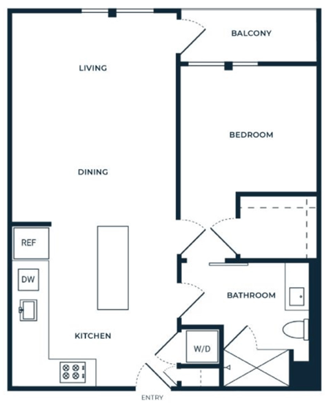 Floor plan for 1 bed, 1 bath, 668 sqft